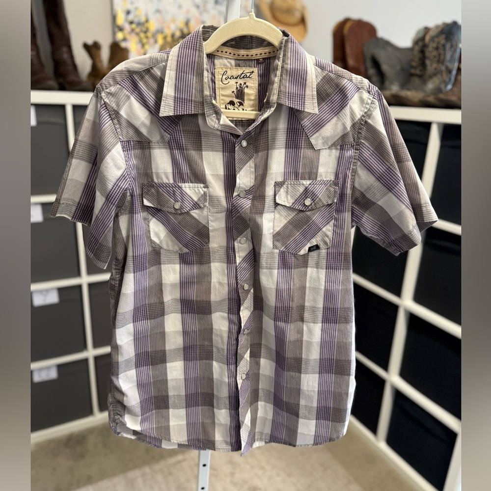 Coastal Y2K Men's Purple Plaid Pearl Snap Short Sleeve Shirt